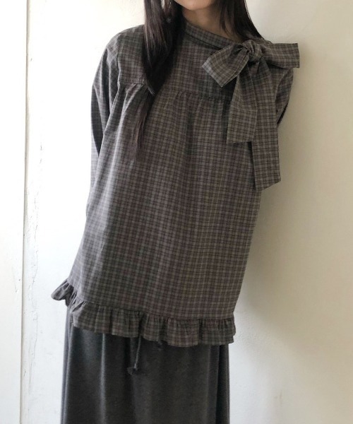 FAVORITO(ファヴォリート)の「リボンチェック柄シャツ(シャツ/ブラウス・レディース・ライトグレー/ダークグレー・F)」の6枚目の写真