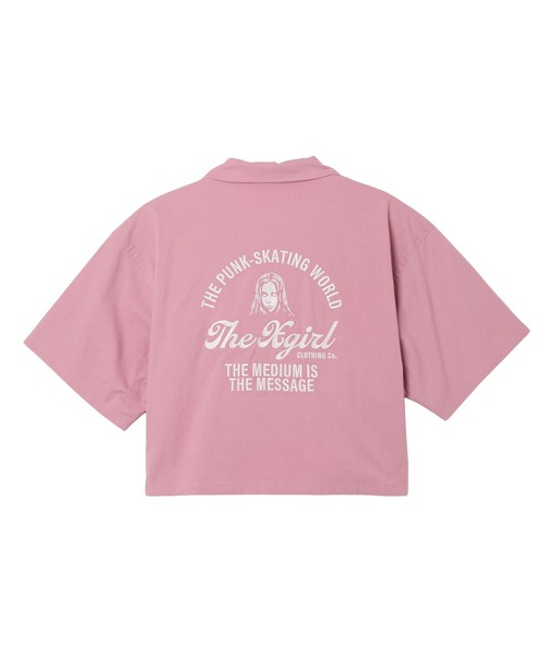 X-girl（エックスガール）の「ARCH LOGO AND FACE OPEN COLLAR CROPPED SHIRT（シャツ/ブラウス・レディース・ブラック/ベージュ/ピンク・S/M）」の3枚目の写真