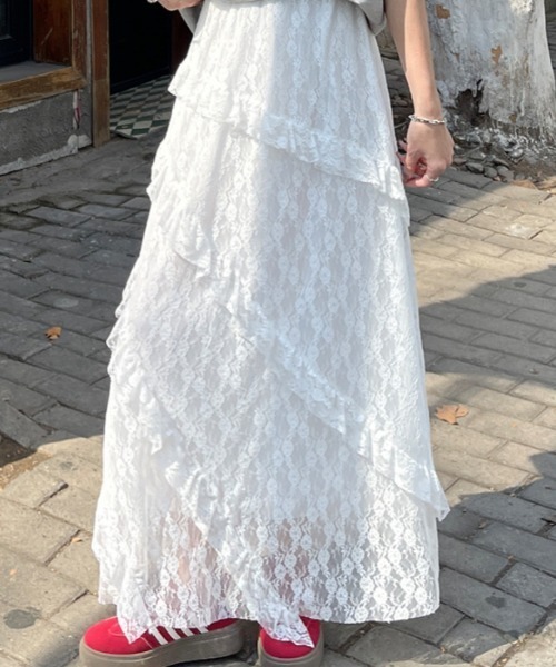 Vipoa（ヴィポア）の「frill race layered long skirt（スカート・レディース・ホワイト・FREE）」の5枚目の写真