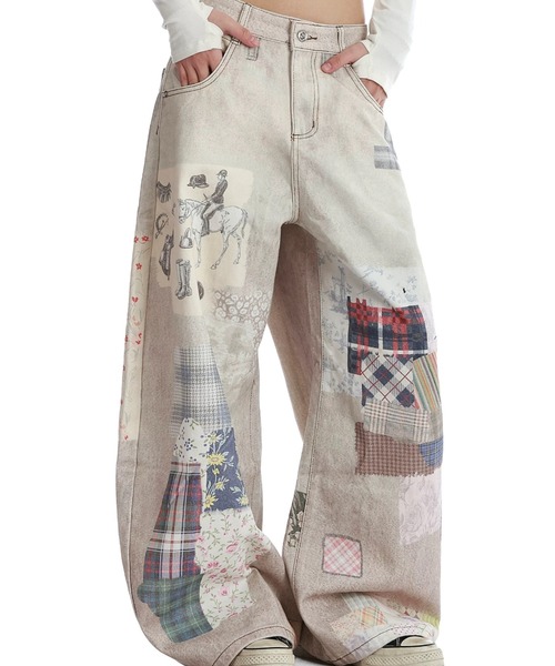 Sibra(シブラ)の「パッチワーク風プリント ワイドデニムパンツ(デニムパンツ・レディース・アイボリー・M)」の14枚目の写真
