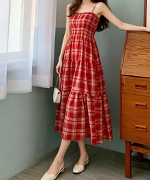 チェック柄シャーリングキャミワンピース