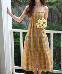 チェック柄シャーリングキャミワンピース