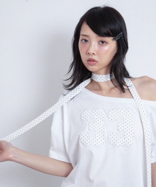 3.3 Field Trip (3.3フィールドトリップ)の「3.3 Field Trip/スター柄ストール付きアップリケナンバーTシャツ(Tシャツ/カットソー・レディース・ホワイト/ブラック/グレー・FREE)」の2枚目の写真