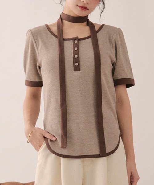 loin nuit(ロワンニュイ)の「henley short sleeve tops / ヘンリーショートスリーブトップス(Tシャツ/カットソー・レディース・ミント/ネイビー/ブラック/ブラウン/ピンク・FREE)」の1枚目の写真