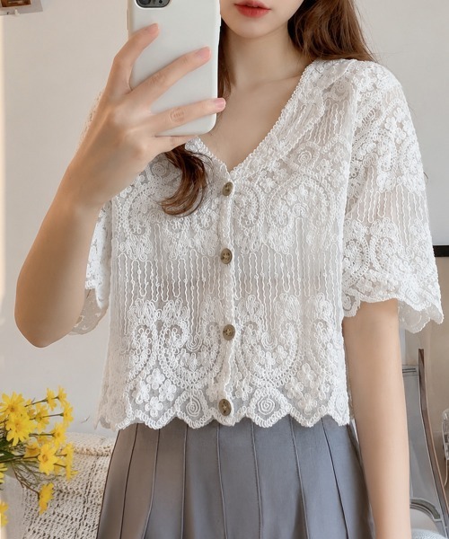 Miniministore(ミニミニストア)の「透かし編み花柄レース半袖カーディガン春夏(シャツ/ブラウス・レディース・ベージュ/ホワイト・FREE)」の22枚目の写真