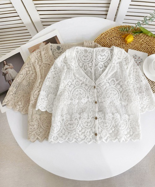Miniministore(ミニミニストア)の「透かし編み花柄レース半袖カーディガン春夏(シャツ/ブラウス・レディース・ベージュ/ホワイト・FREE)」の18枚目の写真