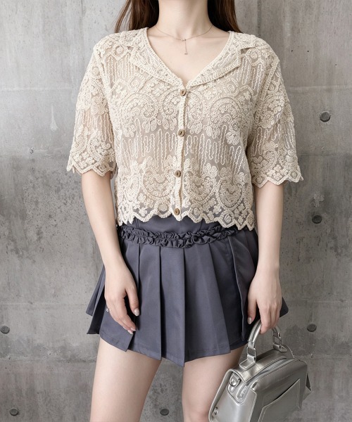 Miniministore(ミニミニストア)の「透かし編み花柄レース半袖カーディガン春夏(シャツ/ブラウス・レディース・ベージュ/ホワイト・FREE)」の11枚目の写真