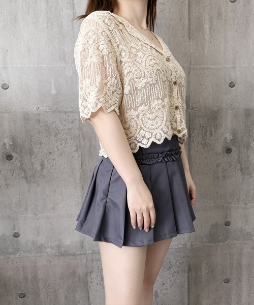 Miniministore(ミニミニストア)の「透かし編み花柄レース半袖カーディガン春夏(シャツ/ブラウス・レディース・ベージュ/ホワイト・FREE)」の12枚目の写真