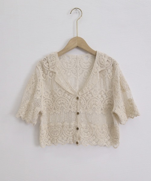 Miniministore(ミニミニストア)の「透かし編み花柄レース半袖カーディガン春夏(シャツ/ブラウス・レディース・ベージュ/ホワイト・FREE)」の4枚目の写真