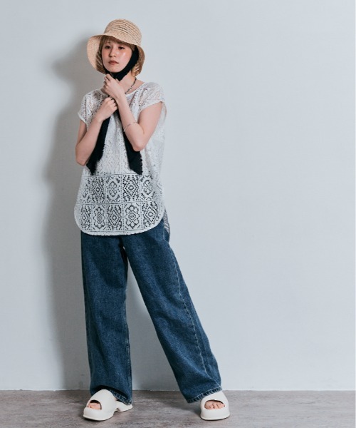 W:Huku(フーク)の「スクエアレース ノースリーブ トップス(Tシャツ/カットソー・レディース・ブラック/オフホワイト・FREE)」の7枚目の写真