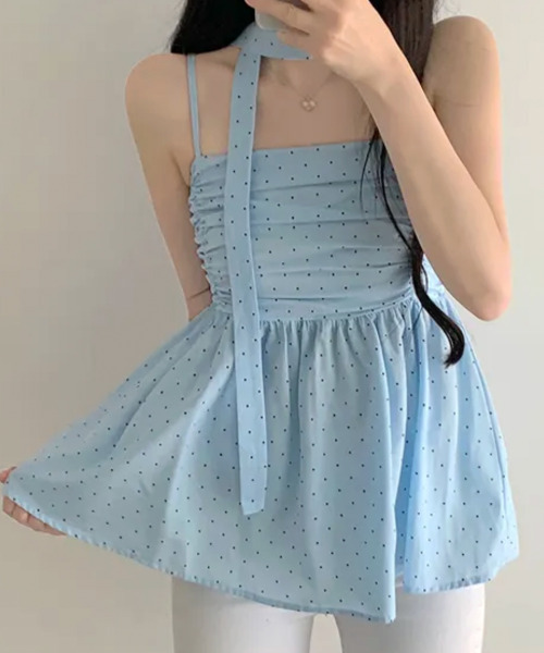 VIVID LADY(ビビッドレディー)の「チョーカー付き ドットペプラムキャミトップス(シャツ/ブラウス・レディース・クリーム/ネイビー/ライトブルー・FREE)」の2枚目の写真