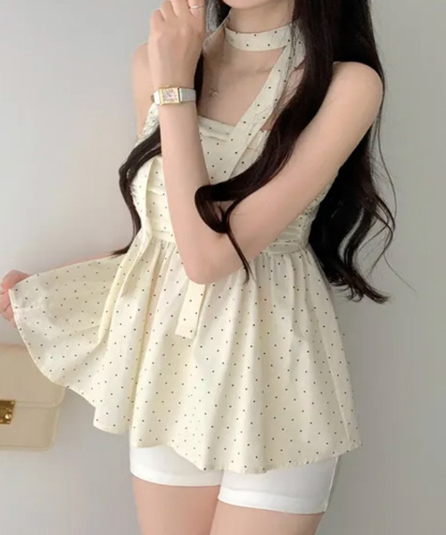 VIVID LADY(ビビッドレディー)の「チョーカー付き ドットペプラムキャミトップス(シャツ/ブラウス・レディース・クリーム/ネイビー/ライトブルー・FREE)」の7枚目の写真