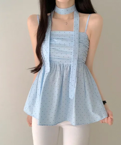 VIVID LADY(ビビッドレディー)の「チョーカー付き ドットペプラムキャミトップス(シャツ/ブラウス・レディース・クリーム/ネイビー/ライトブルー・FREE)」の8枚目の写真