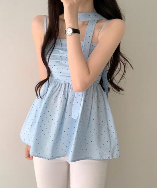 VIVID LADY(ビビッドレディー)の「チョーカー付き ドットペプラムキャミトップス(シャツ/ブラウス・レディース・クリーム/ネイビー/ライトブルー・FREE)」の10枚目の写真