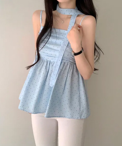 VIVID LADY(ビビッドレディー)の「チョーカー付き ドットペプラムキャミトップス(シャツ/ブラウス・レディース・クリーム/ネイビー/ライトブルー・FREE)」の11枚目の写真