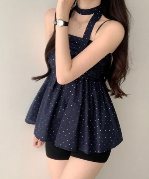 VIVID LADY(ビビッドレディー)の「チョーカー付き ドットペプラムキャミトップス(シャツ/ブラウス・レディース・クリーム/ネイビー/ライトブルー・FREE)」の12枚目の写真