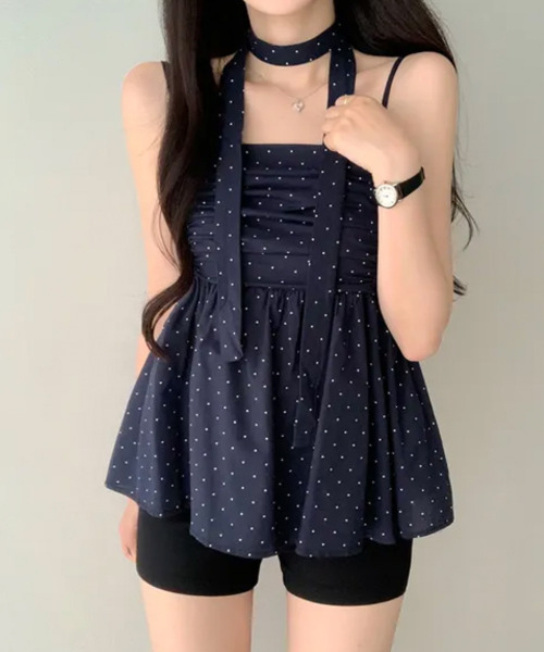 VIVID LADY(ビビッドレディー)の「チョーカー付き ドットペプラムキャミトップス(シャツ/ブラウス・レディース・クリーム/ネイビー/ライトブルー・FREE)」の13枚目の写真