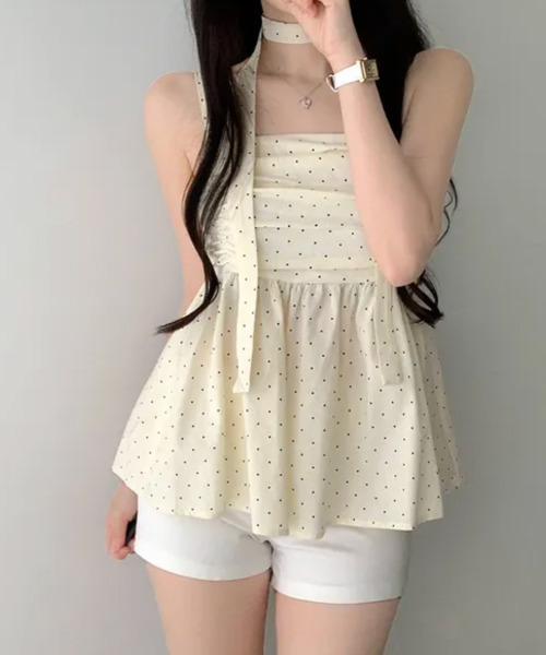 VIVID LADY(ビビッドレディー)の「チョーカー付き ドットペプラムキャミトップス(シャツ/ブラウス・レディース・クリーム/ネイビー/ライトブルー・FREE)」の6枚目の写真