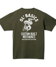 Ol' Basics（オール・ベーシックス） 半袖Tシャツ スパークプラグ 蛇 イラスト ロゴ バックプリント ポケットTシャツ 半袖 トップス カットソー アメカジ カジュアル メンズ レディース ユニセックス