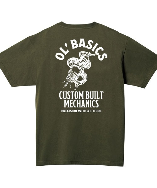 Ol' Basics(オールベーシックス)の「Ol' Basics(オール・ベーシックス) 半袖Tシャツ スパークプラグ 蛇 イラスト ロゴ バックプリント ポケットTシャツ 半袖 トップス カットソー アメカジ カジュアル メンズ レディース ユニセックス(Tシャツ/カットソー・メンズ・ホワイト/ヘザーグレー/ブラック/レッド/アーミー・L/XL/M)」の1枚目の写真