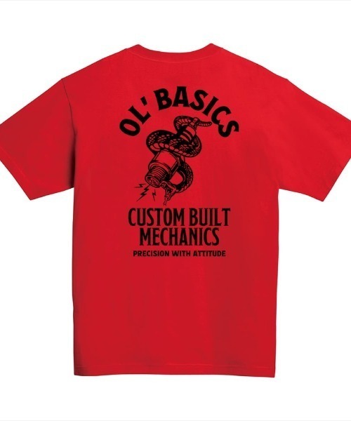 Ol' Basics(オールベーシックス)の「Ol' Basics(オール・ベーシックス) 半袖Tシャツ スパークプラグ 蛇 イラスト ロゴ バックプリント ポケットTシャツ 半袖 トップス カットソー アメカジ カジュアル メンズ レディース ユニセックス(Tシャツ/カットソー・メンズ・ホワイト/ヘザーグレー/ブラック/レッド/アーミー・L/XL/M)」の5枚目の写真