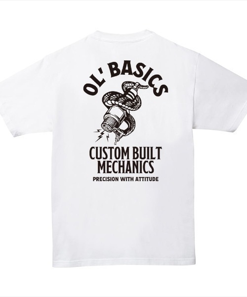 Ol' Basics(オールベーシックス)の「Ol' Basics(オール・ベーシックス) 半袖Tシャツ スパークプラグ 蛇 イラスト ロゴ バックプリント ポケットTシャツ 半袖 トップス カットソー アメカジ カジュアル メンズ レディース ユニセックス(Tシャツ/カットソー・メンズ・ホワイト/ヘザーグレー/ブラック/レッド/アーミー・L/XL/M)」の2枚目の写真