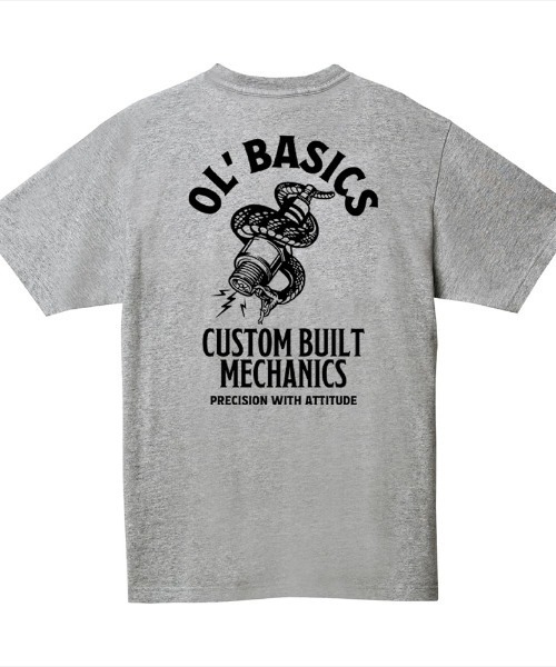 Ol' Basics(オールベーシックス)の「Ol' Basics(オール・ベーシックス) 半袖Tシャツ スパークプラグ 蛇 イラスト ロゴ バックプリント ポケットTシャツ 半袖 トップス カットソー アメカジ カジュアル メンズ レディース ユニセックス(Tシャツ/カットソー・メンズ・ホワイト/ヘザーグレー/ブラック/レッド/アーミー・L/XL/M)」の4枚目の写真