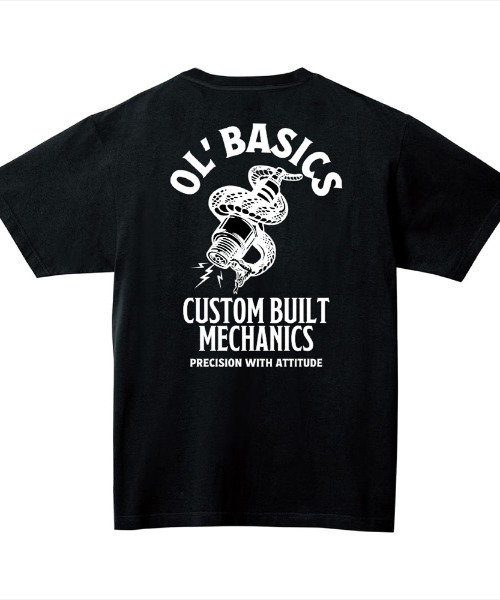 Ol' Basics(オールベーシックス)の「Ol' Basics(オール・ベーシックス) 半袖Tシャツ スパークプラグ 蛇 イラスト ロゴ バックプリント ポケットTシャツ 半袖 トップス カットソー アメカジ カジュアル メンズ レディース ユニセックス(Tシャツ/カットソー・メンズ・ホワイト/ヘザーグレー/ブラック/レッド/アーミー・L/XL/M)」の3枚目の写真