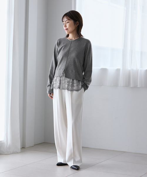 La TOTALITE(ラトータリテ)の「【洗える】レースドッキングプルオーバー(ニット/セーター・レディース・チャコールグレー/ホワイト・FREE)」の3枚目の写真