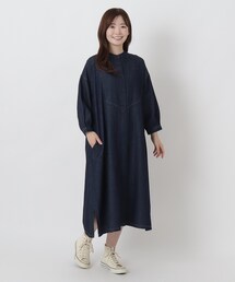 スタンドカラー デニム 8分袖ワンピース