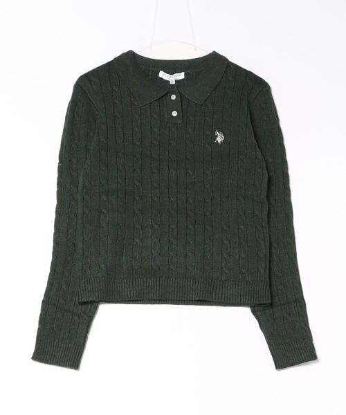 U.S. POLO ASSN.(ユーエスポロアッスン)の「【U.S. POLO ASSN./ユーエスポロアッスン】【コンパクトすぎずルーズすぎない絶妙なサイズ感】ケーブルニットポロシャツ ケーブル編み 配色デザイン 柔らかい カジュアル きれいめ(ポロシャツ・レディース・グリーン/ワイン/アイボリー/ネイビー・LARGE/MEDIUM)」の3枚目の写真