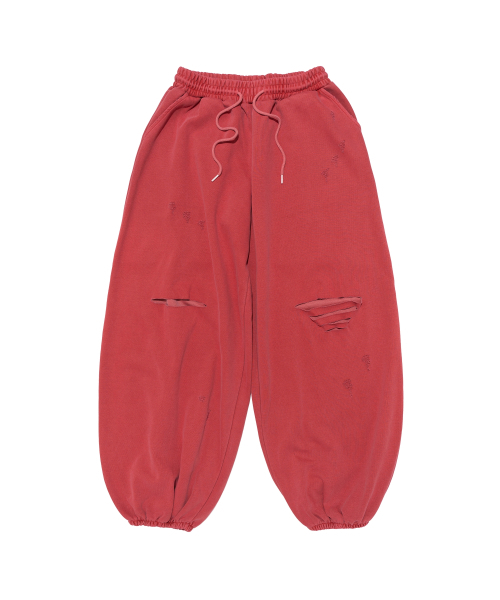 CARGOBROS FOR WOMAN(カーゴブロスフォーウィメン)の「ヴィンテージダメージ加工 PIGMENT ジョガーパンツ(レッド)(スウェットパンツ・レディース・その他・FREE)」の1枚目の写真