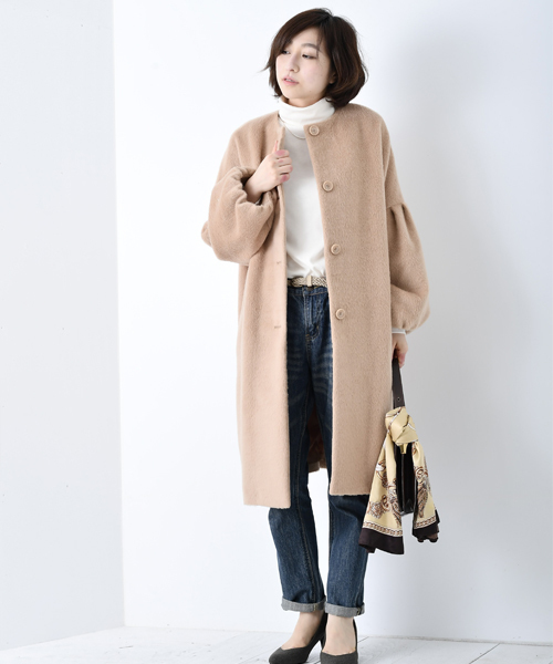 rps（アールピーエス）の「ボリューム袖ノーカラーコート（ノーカラージャケット・レディース・チャコールグレー/杢グレー/キャメル/ピンクベージュ・M）」の18枚目の写真