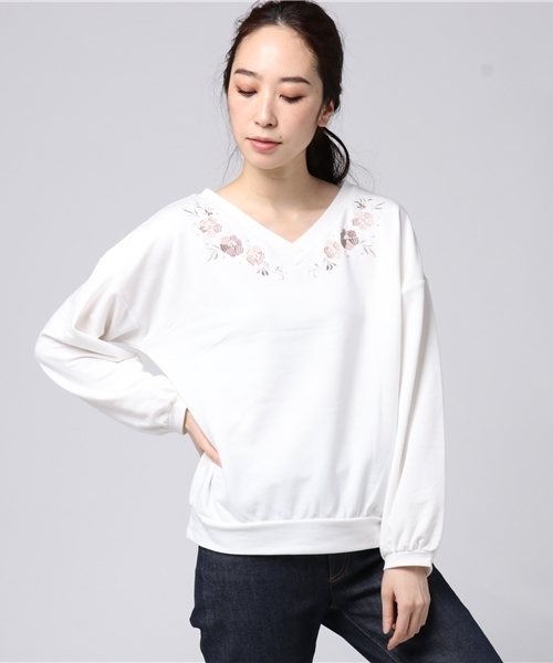 archives（アルシーヴ）の「エリ刺繍入りプルオーバー（Tシャツ/カットソー・レディース・オフホワイト/ブラック/ピンク・MEDIUM）」の2枚目の写真