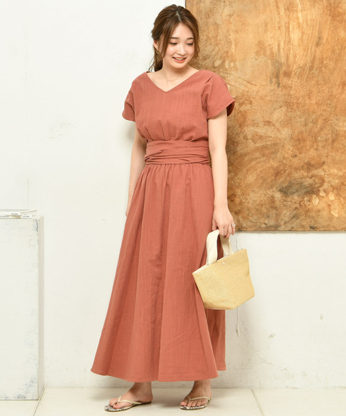 DouDou（ドゥドゥ）の「リネンカシュクールワンピース（ワンピース・レディース・ベージュ/レッド/グリーン・FREE）」の16枚目の写真