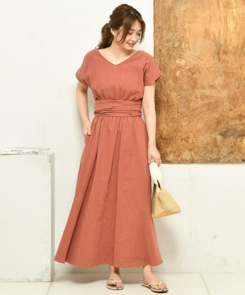 DouDou（ドゥドゥ）の「リネンカシュクールワンピース（ワンピース・レディース・ベージュ/レッド/グリーン・FREE）」の9枚目の写真