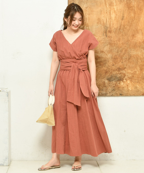 DouDou（ドゥドゥ）の「リネンカシュクールワンピース（ワンピース・レディース・ベージュ/レッド/グリーン・FREE）」の8枚目の写真