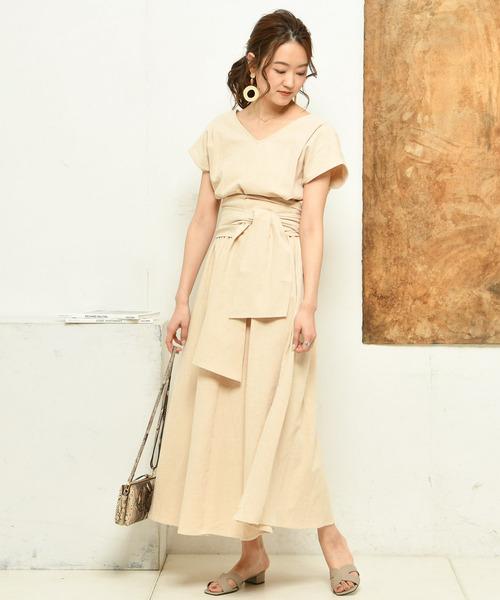 DouDou（ドゥドゥ）の「リネンカシュクールワンピース（ワンピース・レディース・ベージュ/レッド/グリーン・FREE）」の15枚目の写真