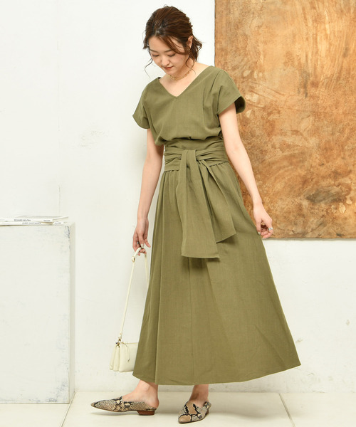 DouDou（ドゥドゥ）の「リネンカシュクールワンピース（ワンピース・レディース・ベージュ/レッド/グリーン・FREE）」の14枚目の写真