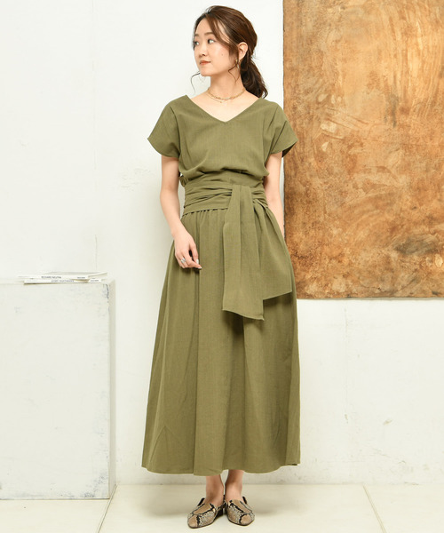 DouDou（ドゥドゥ）の「リネンカシュクールワンピース（ワンピース・レディース・ベージュ/レッド/グリーン・FREE）」の11枚目の写真