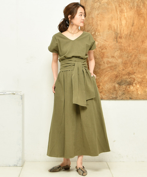 DouDou（ドゥドゥ）の「リネンカシュクールワンピース（ワンピース・レディース・ベージュ/レッド/グリーン・FREE）」の18枚目の写真