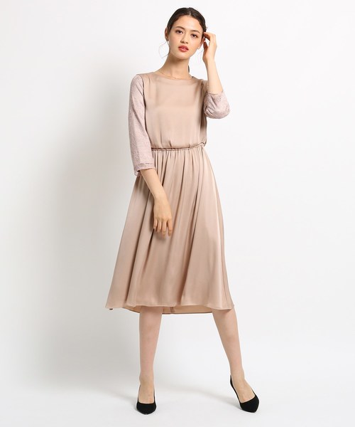 セール ワンピース Indivi インディヴィ のファッション ドレーピーサテン袖レースワンピース ワンピース