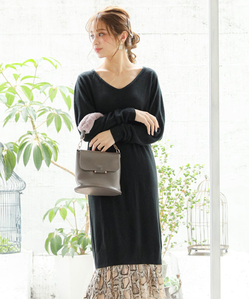 夢展望(ユメテンボウ)の「カシミアタッチニットワンピース(ワンピース)」|ブラック系その他