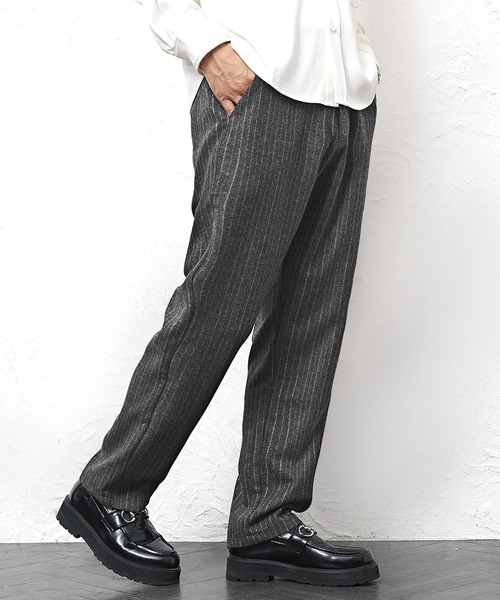MinoriTY】ウールライクストライプ生地ワイドテーパードスラックス