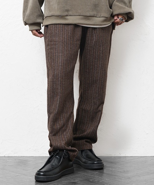 MinoriTY】ウールライクストライプ生地ワイドテーパードスラックス