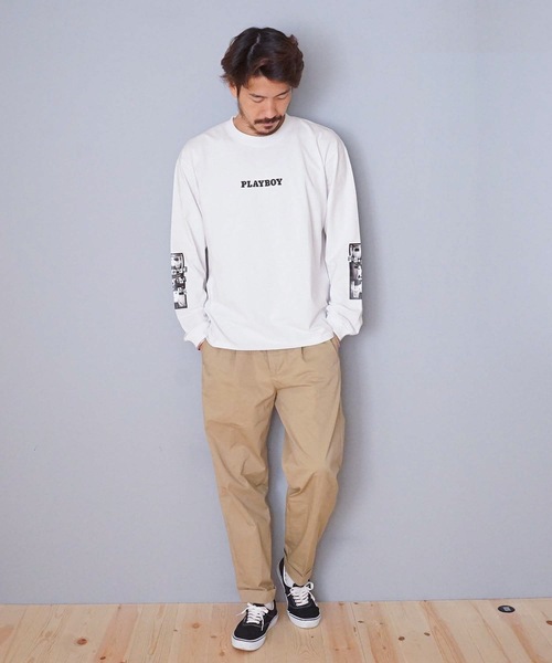 PLAYBOY(プレイボーイ)の「【PLAY BOY/プレイボーイ】プリントロンT 転写フォトロンT 袖プリント(Tシャツ/カットソー・メンズ・ホワイト/ブラック/ベージュ・MEDIUM/LARGE/X-LARGE)」の8枚目の写真