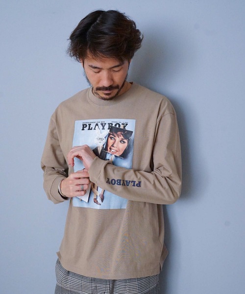 PLAYBOY(プレイボーイ)の「【PLAY BOY/プレイボーイ】プリントロンT 転写フォトロンT 袖プリント(Tシャツ/カットソー・メンズ・ホワイト/ブラック/ベージュ・MEDIUM/LARGE/X-LARGE)」の10枚目の写真