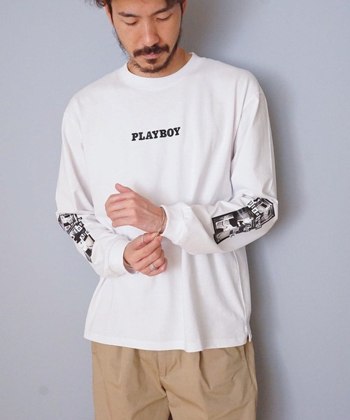PLAYBOY(プレイボーイ)の「【PLAY BOY/プレイボーイ】プリントロンT 転写フォトロンT 袖プリント(Tシャツ/カットソー・メンズ・ホワイト/ブラック/ベージュ・MEDIUM/LARGE/X-LARGE)」の12枚目の写真