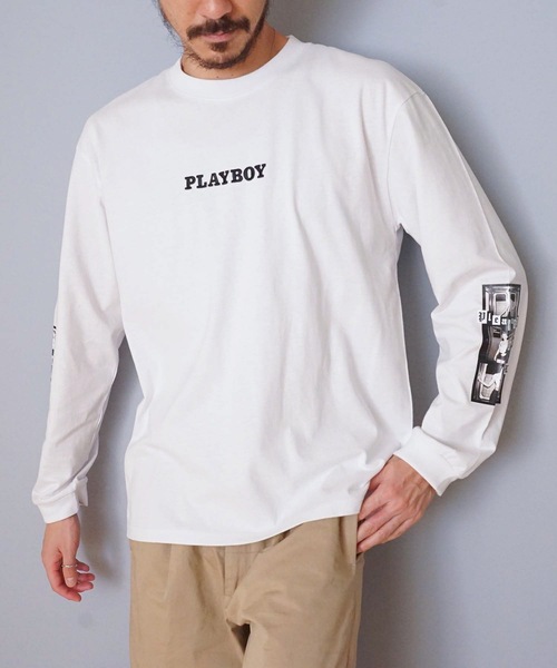 PLAYBOY(プレイボーイ)の「【PLAY BOY/プレイボーイ】プリントロンT 転写フォトロンT 袖プリント(Tシャツ/カットソー・メンズ・ホワイト/ブラック/ベージュ・MEDIUM/LARGE/X-LARGE)」の15枚目の写真