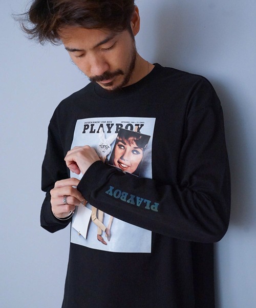 PLAYBOY(プレイボーイ)の「【PLAY BOY/プレイボーイ】プリントロンT 転写フォトロンT 袖プリント(Tシャツ/カットソー・メンズ・ホワイト/ブラック/ベージュ・MEDIUM/LARGE/X-LARGE)」の20枚目の写真